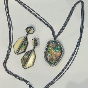 Necklace & Pierced Earrings, Gunmetal and Colorful Simulated Abalone